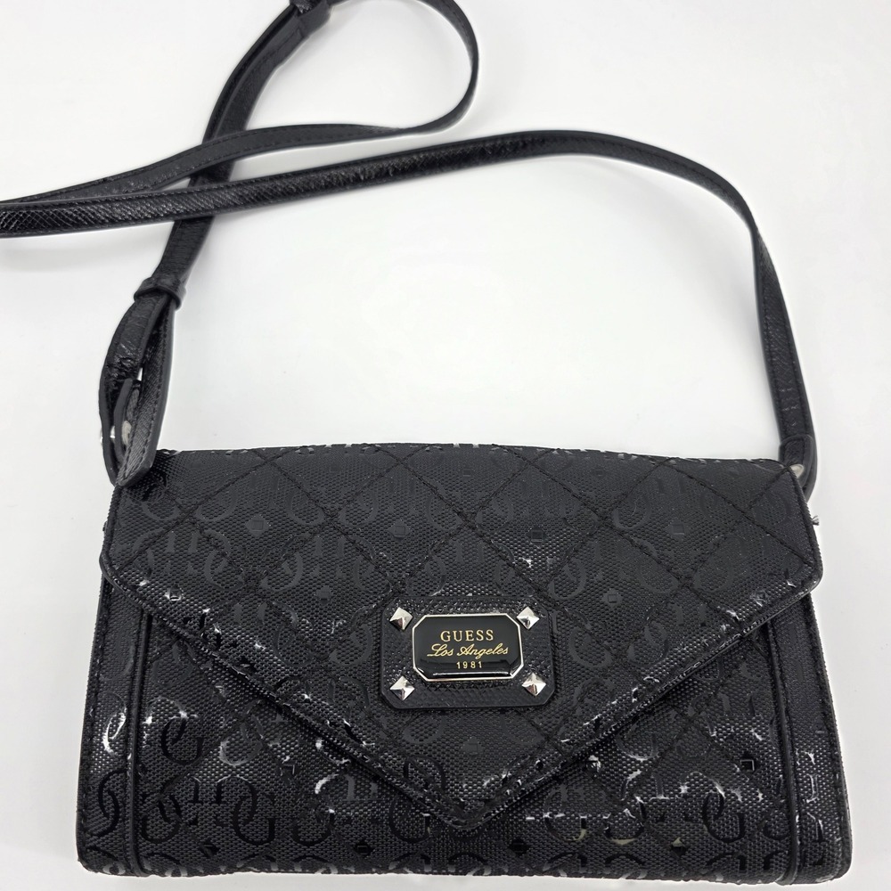 GUESS Los Angeles Black Monogram Quilted Studded‎ Crossbody Wallet Bag 1981